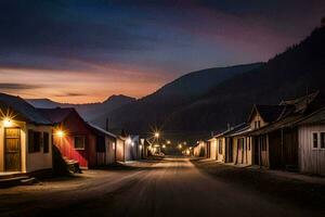 un' strada nel il montagne a notte. ai-generato foto