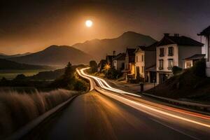 un' lungo esposizione fotografia di un' strada a notte con un' pieno Luna. ai-generato foto