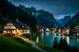 foto sfondo notte, il montagne, lago, Casa, il Alpi, Svizzera, il. ai-generato