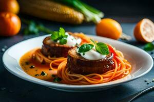 Due pezzi di carne su spaghetti con salsa. ai-generato foto