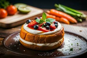 un' torta con frutta e verdure su superiore. ai-generato foto