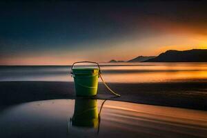 un' secchio su il spiaggia a tramonto. ai-generato foto