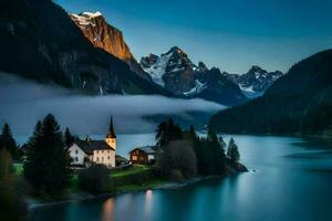 un' Chiesa si siede su il bordo di un' lago circondato di montagne. ai-generato foto