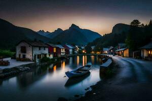 foto sfondo il cielo, montagne, fiume, Barche, case, villaggio, tramonto, il montagne. ai-generato