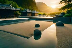 un' giapponese stile piscina con rocce e acqua. ai-generato foto