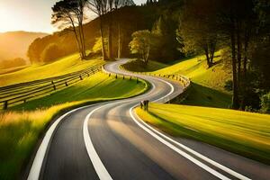 un' avvolgimento strada nel il campagna a tramonto. ai-generato foto