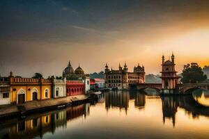 il sole imposta al di sopra di il città di amritsar. ai-generato foto