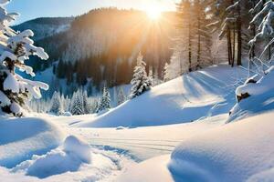 neve coperto alberi e il sole splendente attraverso il alberi. ai-generato foto