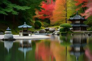 un' giapponese giardino con un' stagno e pagoda nel il sfondo. ai-generato foto