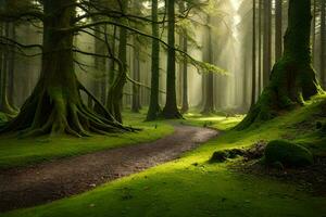 un' sentiero attraverso un' verde foresta con alberi. ai-generato foto