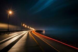 un' lungo esposizione foto di un' strada a notte. ai-generato