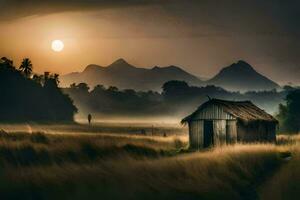 un' capanna nel il mezzo di un' campo a Alba. ai-generato foto