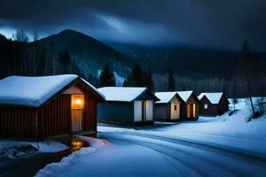 un' riga di di legno cabine nel il neve. ai-generato foto