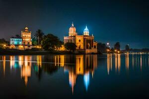 il notte Visualizza di un' Chiesa e un' lago. ai-generato foto