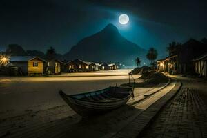 un' barca si siede su il riva a notte con un' pieno Luna. ai-generato foto