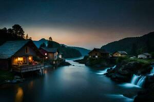 foto sfondo il cielo, acqua, montagne, Casa, il notte, il fiume, il cascata. ai-generato