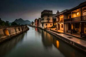 un' fiume nel il mezzo di un' città a notte. ai-generato foto