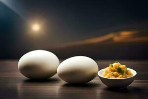 tre uova sedersi su un' tavolo con un' ciotola di cibo. ai-generato foto
