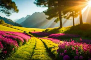 il sole brilla al di sopra di un' campo di viola fiori. ai-generato foto