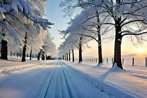 un' nevoso strada con alberi e il sole ambientazione. ai-generato foto