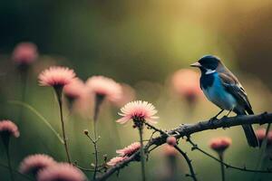 un' blu uccello si siede su un' ramo nel davanti di rosa fiori. ai-generato foto