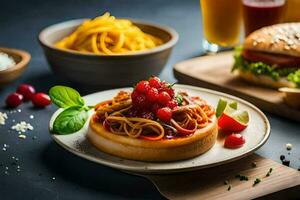 un' piatto con un' hamburger, pasta e altro cibo. ai-generato foto