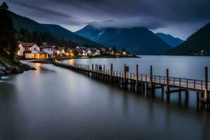 un' molo nel il mezzo di un' lago a notte. ai-generato foto