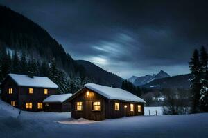 foto sfondo il cielo, neve, montagne, notte, cabina, Casa, inverno, il Luna. ai-generato