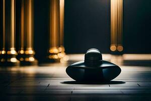 un' nero bottiglia seduta su il pavimento nel davanti di pilastri. ai-generato foto