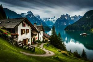 il Casa è circondato di montagne e acqua. ai-generato foto