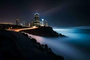 un' lungo esposizione fotografia di il città orizzonte a notte. ai-generato foto