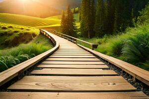 un' di legno sentiero conduce per il sole nel il montagne. ai-generato foto