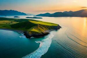 aereo Visualizza di il oceano e montagne a tramonto. ai-generato foto