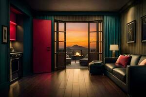un' vivente camera con un' Visualizza di il tramonto. ai-generato foto