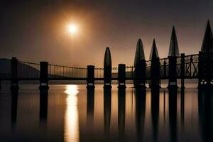 un' ponte con un' sole ambientazione dietro a esso. ai-generato foto