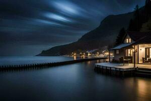 un' Casa su il acqua a notte. ai-generato foto