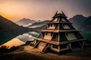 un' pagoda si siede su superiore di un' montagna prospiciente un' lago. ai-generato foto