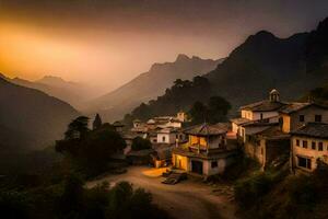 un' villaggio nel il montagne a tramonto. ai-generato foto