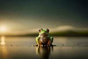un' rana seduta su il terra nel davanti di un' tramonto. ai-generato foto