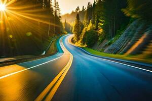 un' auto guida giù un' strada con il sole splendente. ai-generato foto