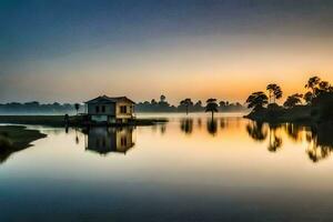 un' piccolo Casa si siede su il bordo di un' lago a Alba. ai-generato foto