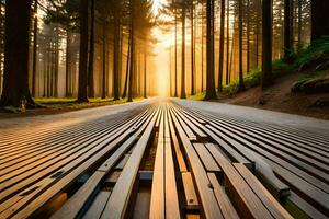 un' lungo di legno sentiero nel il mezzo di un' foresta. ai-generato foto