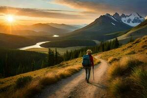 un' persona con un' zaino passeggiate giù un' pista nel il montagne. ai-generato foto