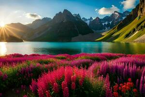 il sole brilla al di sopra di un' lago e fiori nel davanti di montagne. ai-generato foto