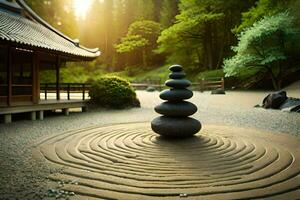 un' zen giardino con un' pietra labirinto. ai-generato foto