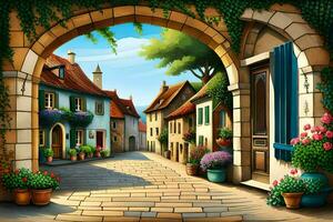 un illustrazione di un' strada nel un' medievale cittadina. ai-generato foto