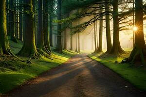 un' sentiero attraverso un' foresta con alberi e sole. ai-generato foto