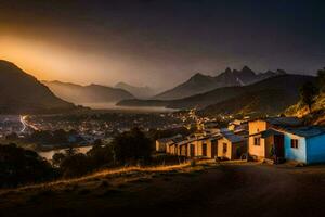 un' villaggio a tramonto con montagne nel il sfondo. ai-generato foto