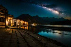 il latteo modo al di sopra di il lago. ai-generato foto