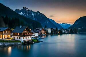 foto sfondo montagne, il cielo, lago, Casa, il montagne, il lago, il Casa. ai-generato